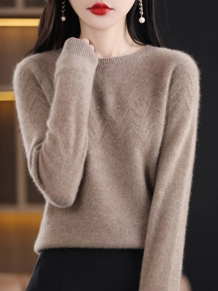 Autumn Winter Women’s O-neck Sweater Pullover 100% Merino Wool Knitwear Raglan Sleeve Comfortable Grace Vintage Clothing Tops