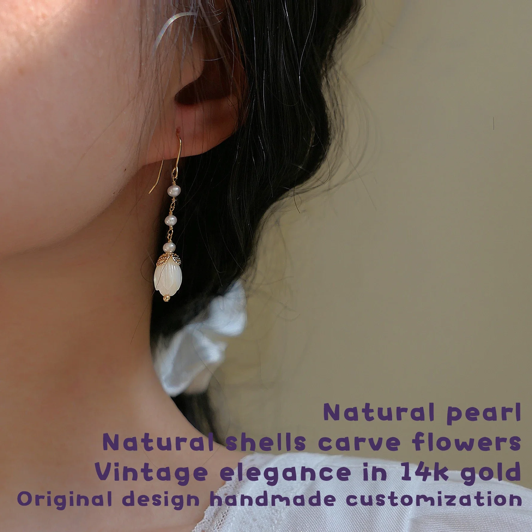 

Women's Earrings Vintage Elegant hanging style 14k natural small pearl shell carved design unique personality stylish earrings