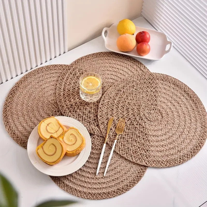 Set of 4 Jute Placemats Natural Material Non-Slip Heat Resistant Woven Round Placemat for Party Wedding Kitchen Dining Table Mat