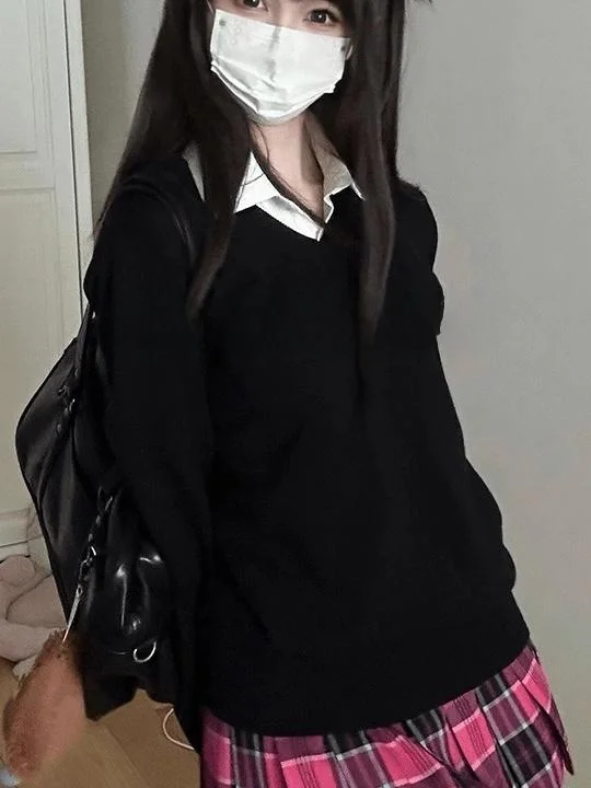 

Japanese Sle JK orm V-Ne Knitted Sweater Women's Spring Autumn Slimming Long Sve Soft Polyester Casual Knitwear