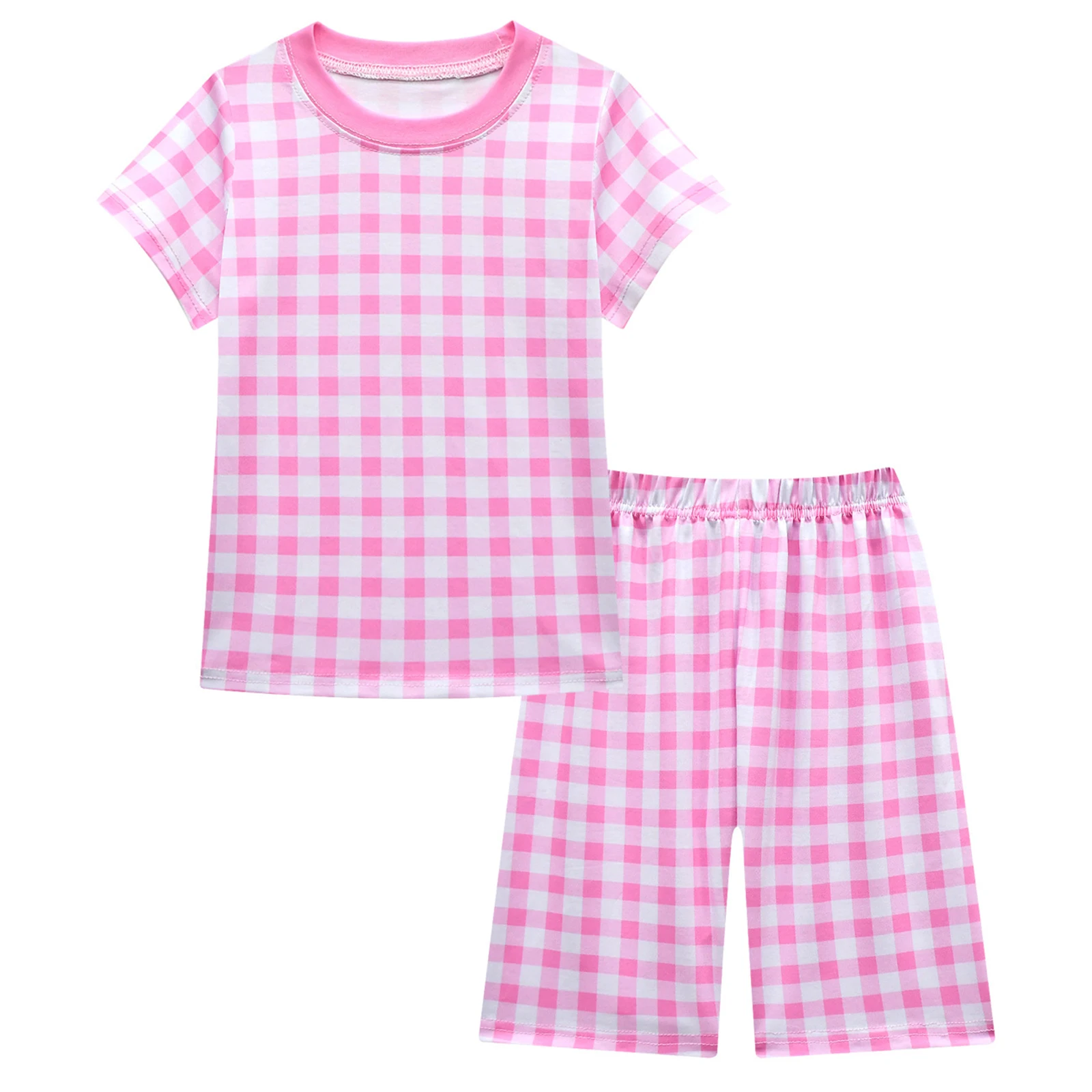 2Pcs Kids Girls Doll Cosplay Movie Costume Pink Plaid Print Princess Outfit Long Sleeve Top And Pants Set for Sleeping Dress Up