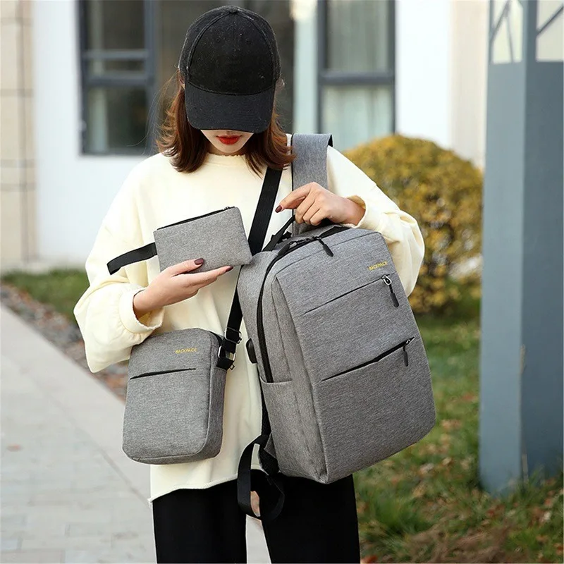 Men\'s Business Backpack USB Charging Casual Female Student School Bag Minimalist Fashion Computer Bags Three Piece Set