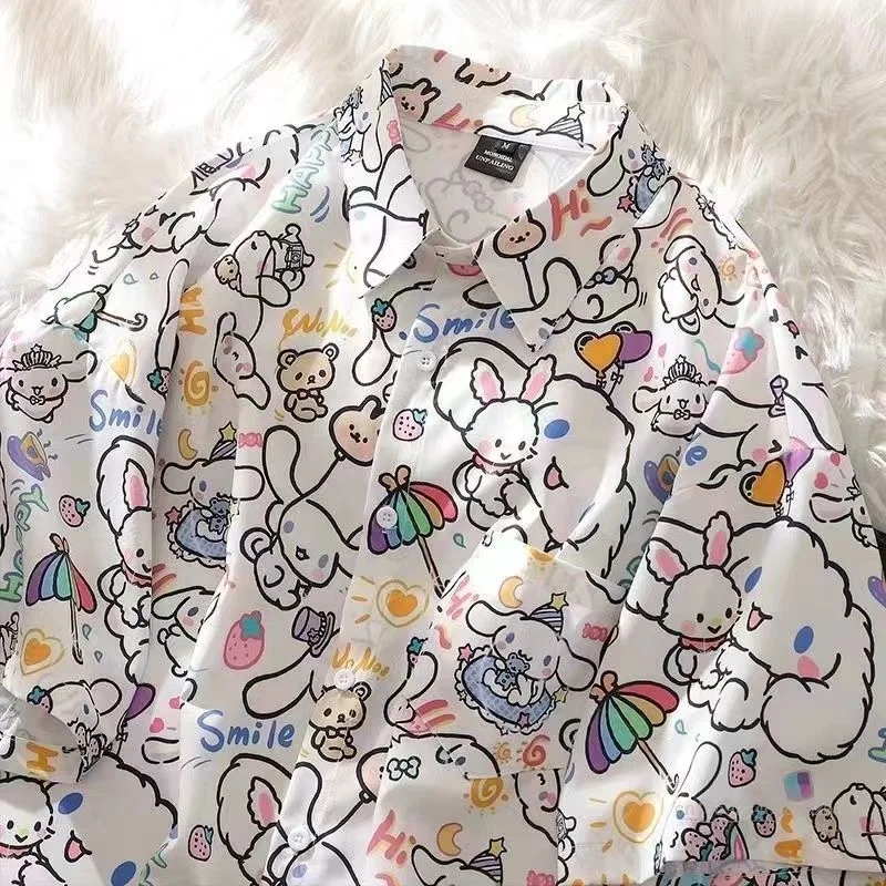 Sanrio Cinnamoroll Tops Button Up Casual Shirts Women Cartoon Cute Loose Short Sleeve Tee Shirt Y2k Girl Summer Fashion Blouse