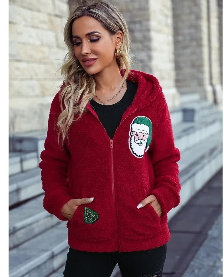 

Осень/зима женская двусторонняя флисовая куртка свободного кроя с капюшоном на молнии и длинными рукавами в повседневном стиле Рождественский ветер