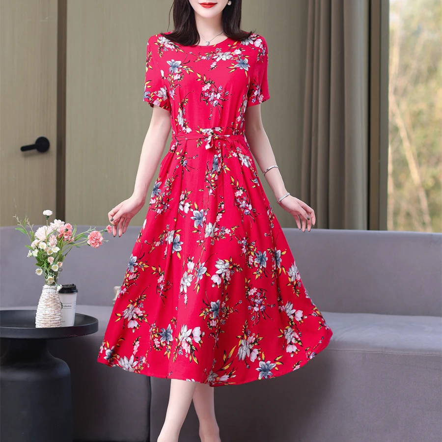 New Fashion Casual 2024 Summer Elegant Dresses For Women O-Neck Print Vintage Short Sleeve Dress Loose Women Clothing