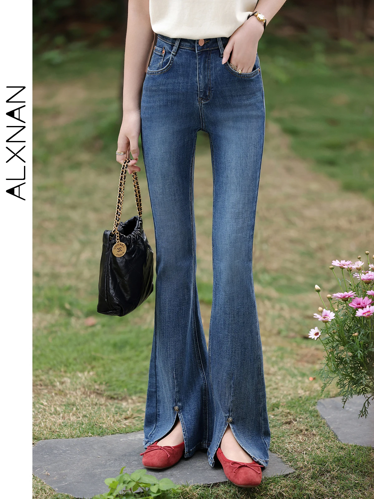 ALXNAN Flare Jeans for Women 2024 Spring Summer New High Waist Fashion Denim Pants Slim Slit Soft Comfortable Trousers L35025