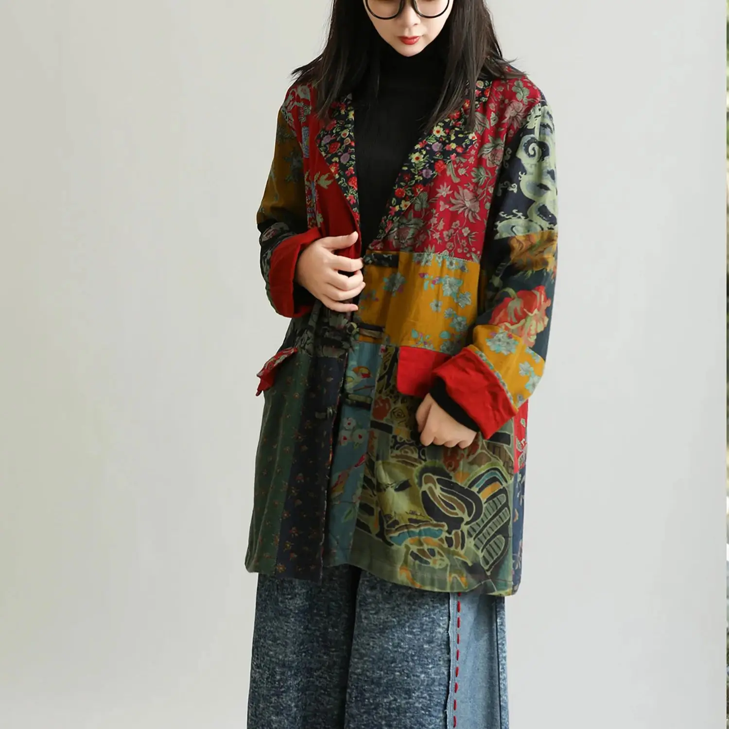 

LZJN Women's Spring-Autumn New Chinese Style Vintage-Inspired Unique Style Cotton-Linen Floral Patchwork Open-Front Cardigan