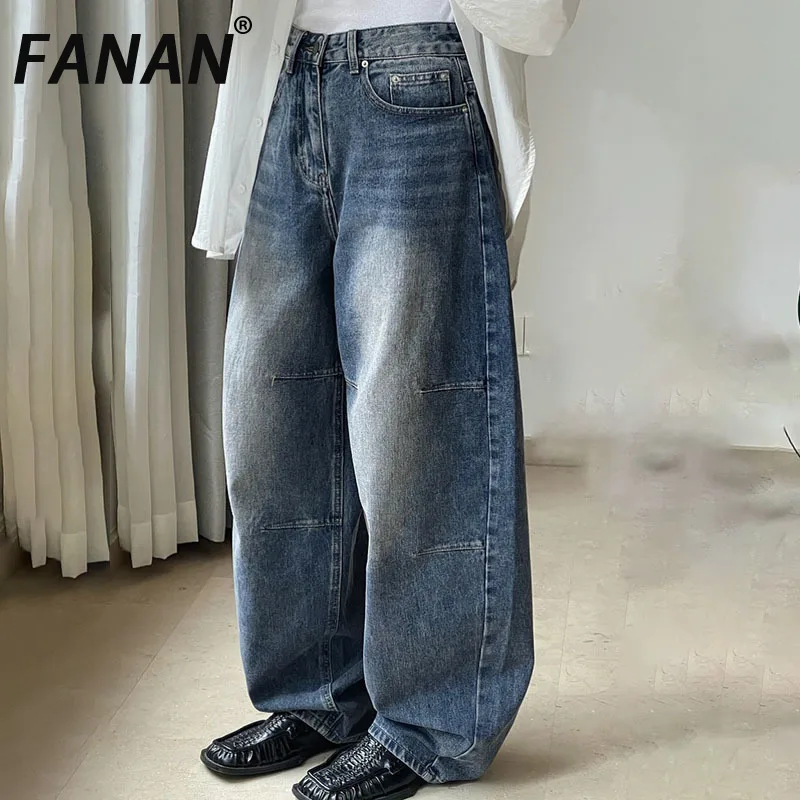

FANAN Vintage Washed Jeans Women's High Waist Striped Design Loose Wide Leg Denim Pants Fashion Trousers Female 2025 Spring New