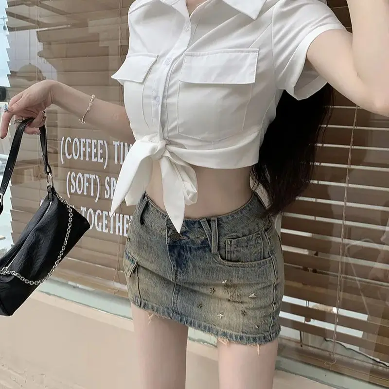 American retro short waist-revealing lace-up shirt for women hot girl high-waist slim hip-hugging denim skirt