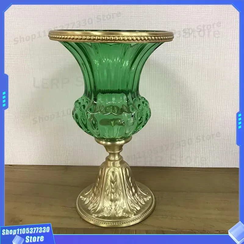 Luxury Brass Green Vase High Footed Creative Flower Arrangement Ornament for Living Room Desktop Exquisite Dining Room