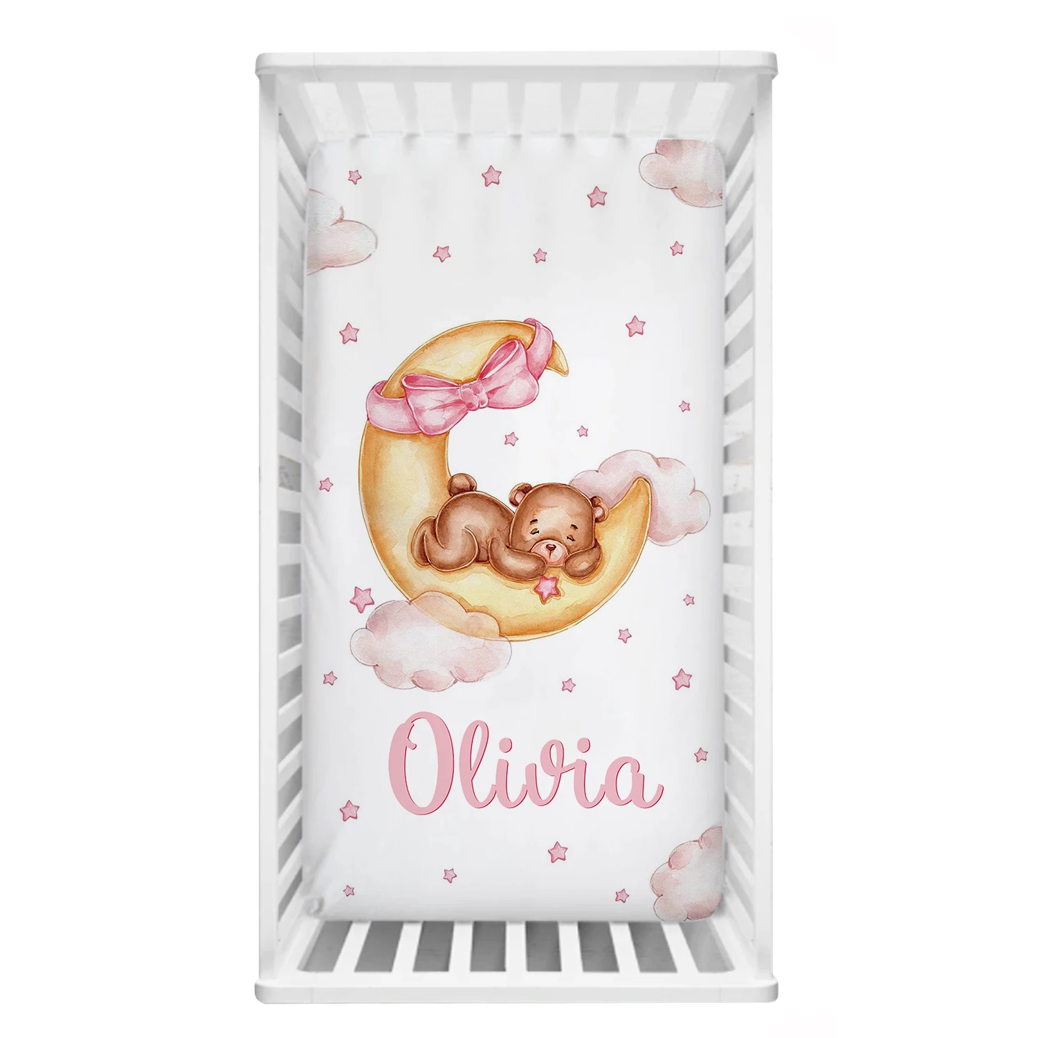 UOOPOO Custom Name Girl Sleeping Bear Sleep on Moon Pillow Cover Set, Crib Bedding Set, Crib Sheet, Blanket