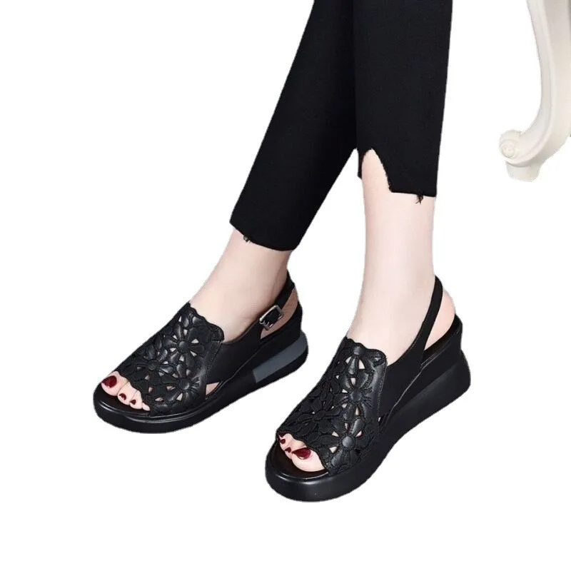 Summer Wedge Shoes for Women Sandals Open Toe Platform Hollow Flowers Retro Lady High Heel Buckle Strap Casual Female Sandalias