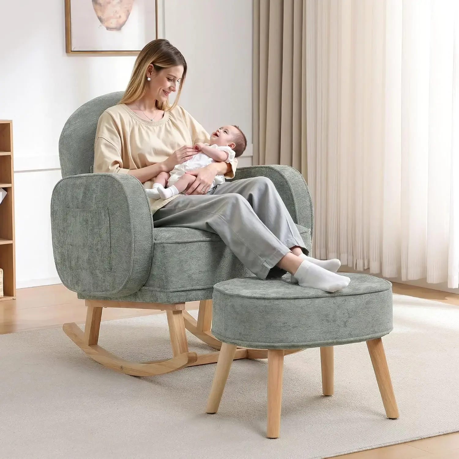 Rocking Chair with Ottoman, Upholstered Glider Rocker with footrest and Side Pocket, Comfy Chenille Reading Chair with Solid