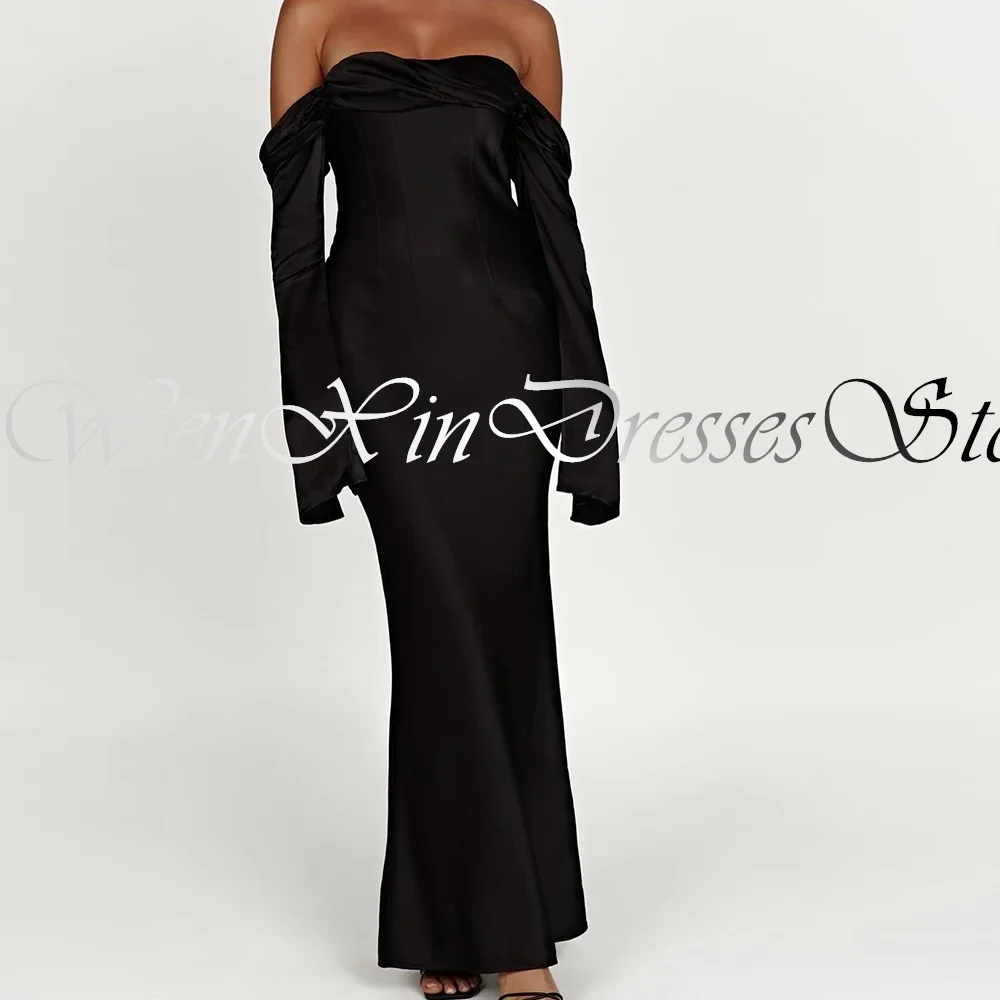 Off The Shoulder Strapless Ankle Length Solid Black Pleats Backless Satin Dresses for formal occasions Party Dress Saudi Arabia