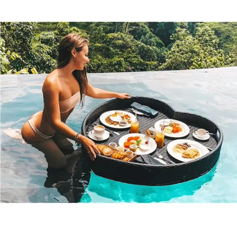 Restaurant PE Rattan swimming Floating Pool Tray eco friendly floating breakfast Hotel Water Floating Breakfast Serving Tray