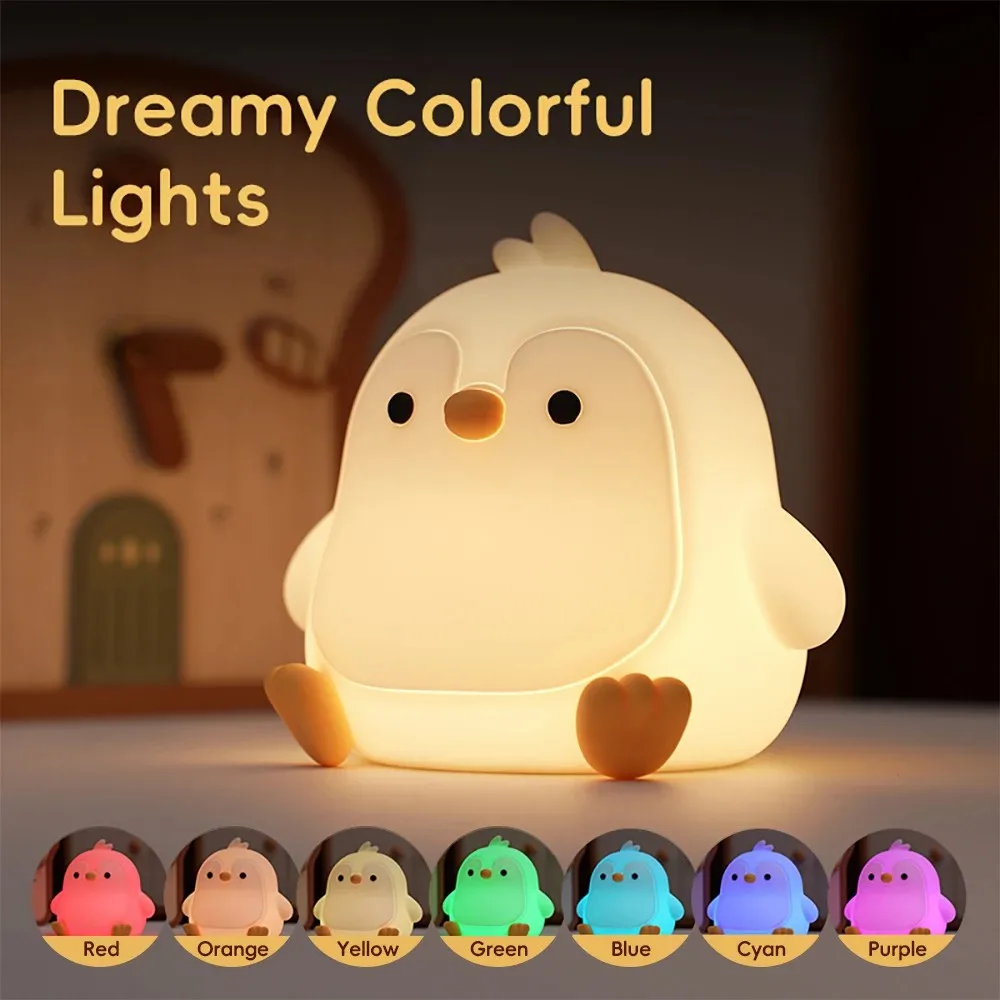 E2 Cute RGB 7 Colors Silicone Penguin Night Light Rechargeable Sleeping Nursery Nightlights Touch Sensor For Beside Table Lamp