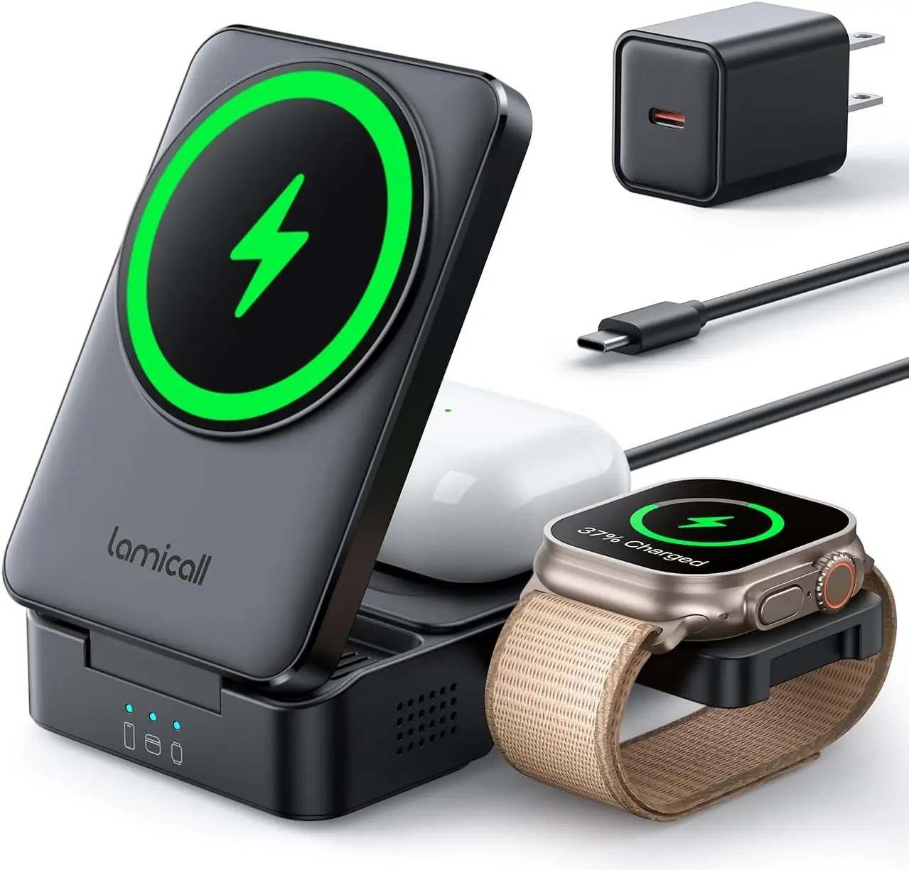 

Складная магнитная беспроводная зарядная станция 3-в-1 для iPhone, Apple Watch, AirPods с технологией охлаждения и дизайном для путешествий
