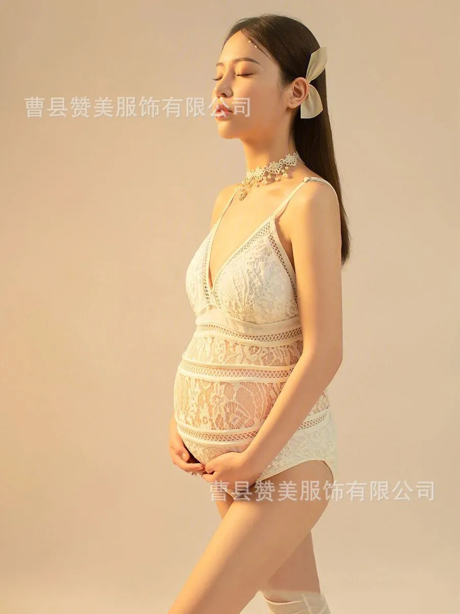 Women Sexy Maxi Gown Photo Props White Lace Fancy Maternity bodysuit+coat hotography Pregnancy Shoot Dresses Clothes Pregnant