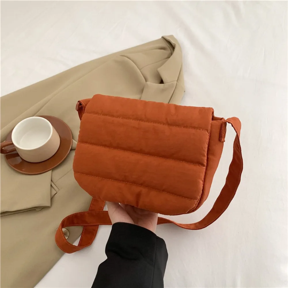 Korean Style Quilted Cotton Shoulder Bag Nylon Wide Straps Puffer Tote Bag Solid Color Lightweight Puffy Handbag Work