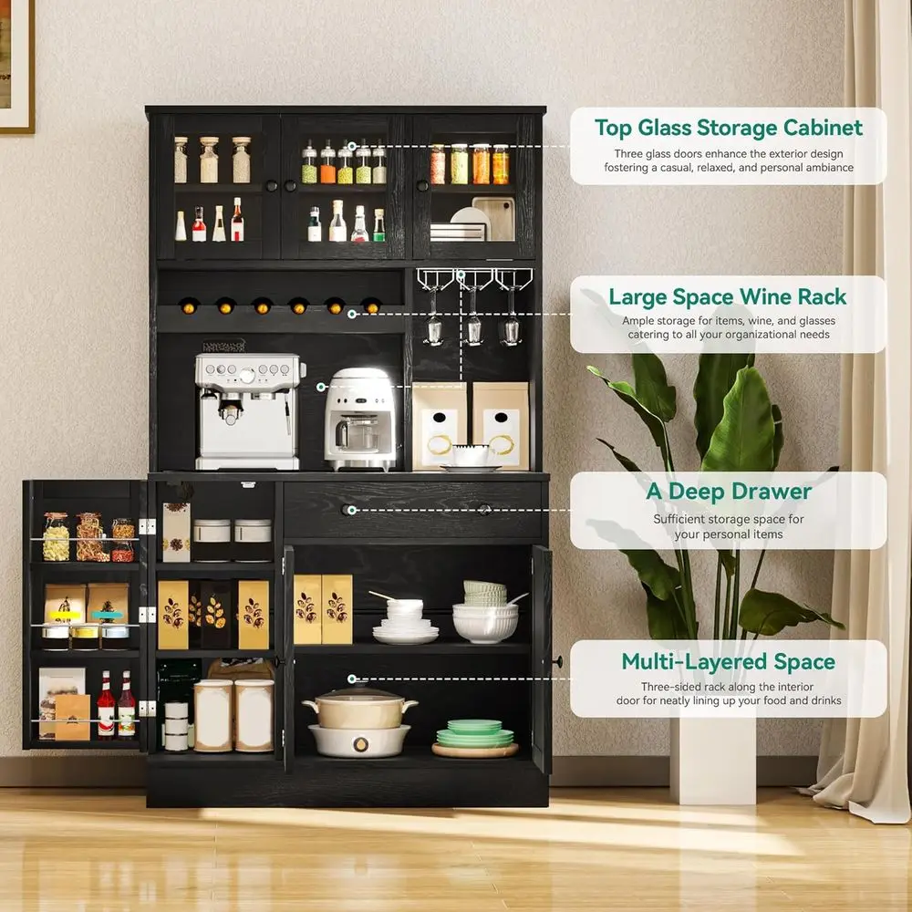 Kitchen Pantry Cabinet with Der, Do, Goblet Holder, Wine Rack or Storage, Tall Cabinet with Power Outlet or Kitchen & Living Roo