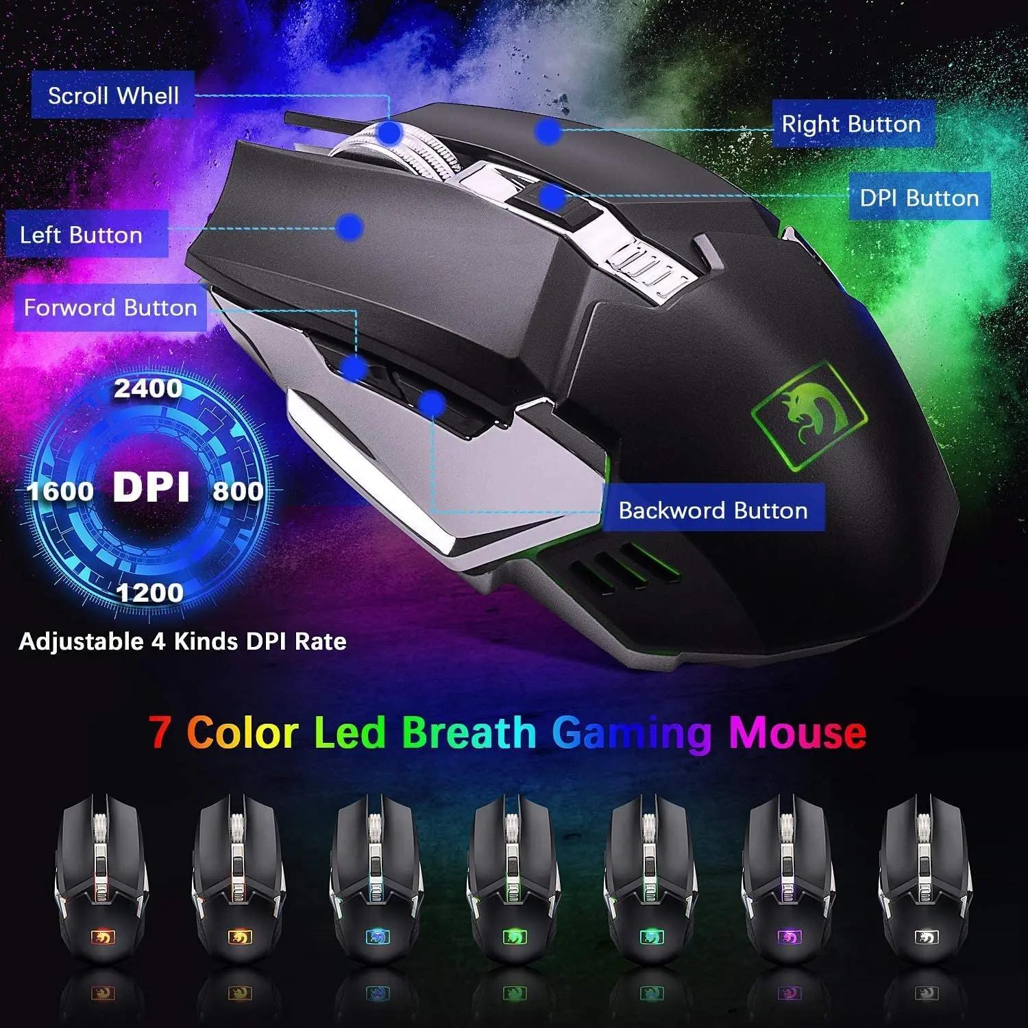 K680 Wireless Gaming Keyboard and Mouse Combo,Rainbow LED Backlit Keyboard with Rechargeable 3800mAh Battery Metal Panel - view 8