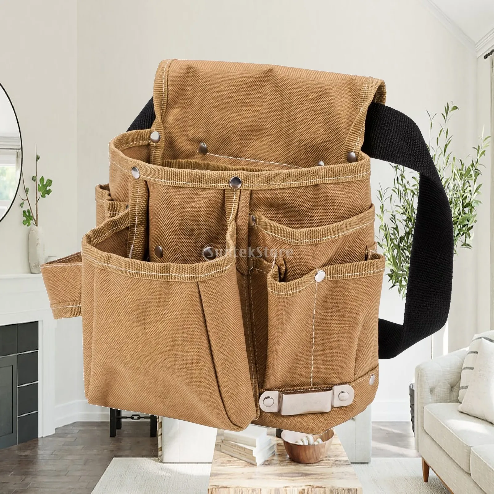 Khaki Oxford Fabric Industrial Pouch with Adjustable Waist Belt Multiple Pockets for Hand Tools Workshop