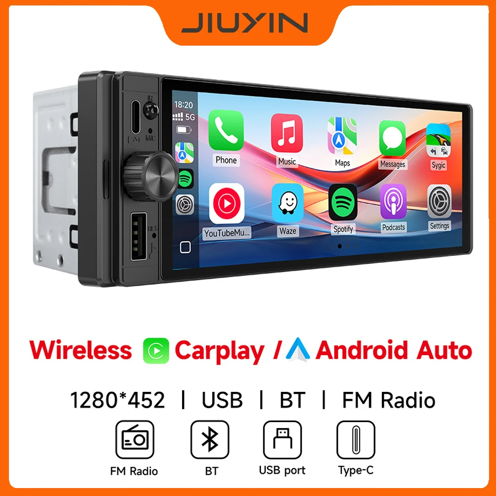 

JIUYIN 6.28'' Wireless Carplay Android Auto Car Radio Multimedia MP5 1Din Video Player Bluetooth Stereo USB Charging Screen