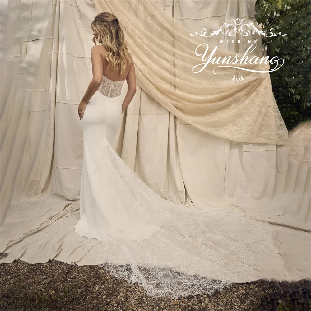 YunShang Customized Lace Embroidery V-Neck Mermaid Wedding Dress Sleeveless Sweep Train Simple Elegant Floor Length Corset New