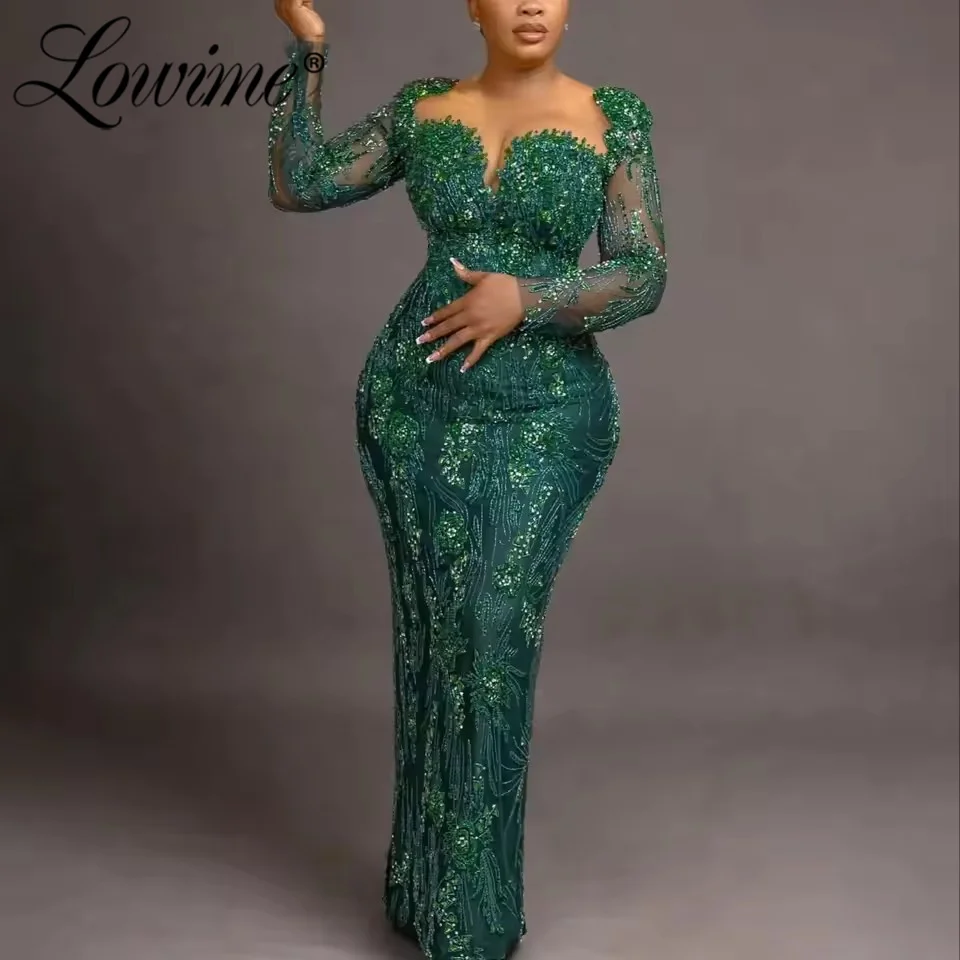 

Green Mermaid Plus Size Evening Dress Customized Long Sleeves Sequined Crystals Formal Prom Dresses African Party Gowns 2026