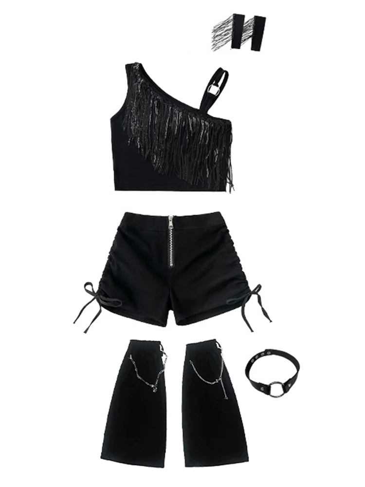 Vêtements de danse jazz pour enfants, pantalons en Y à franges pour filles, ensembles noirs, costume de danse hip hop, vêtements de performance de style Kpop cool, BL13279, nouveau