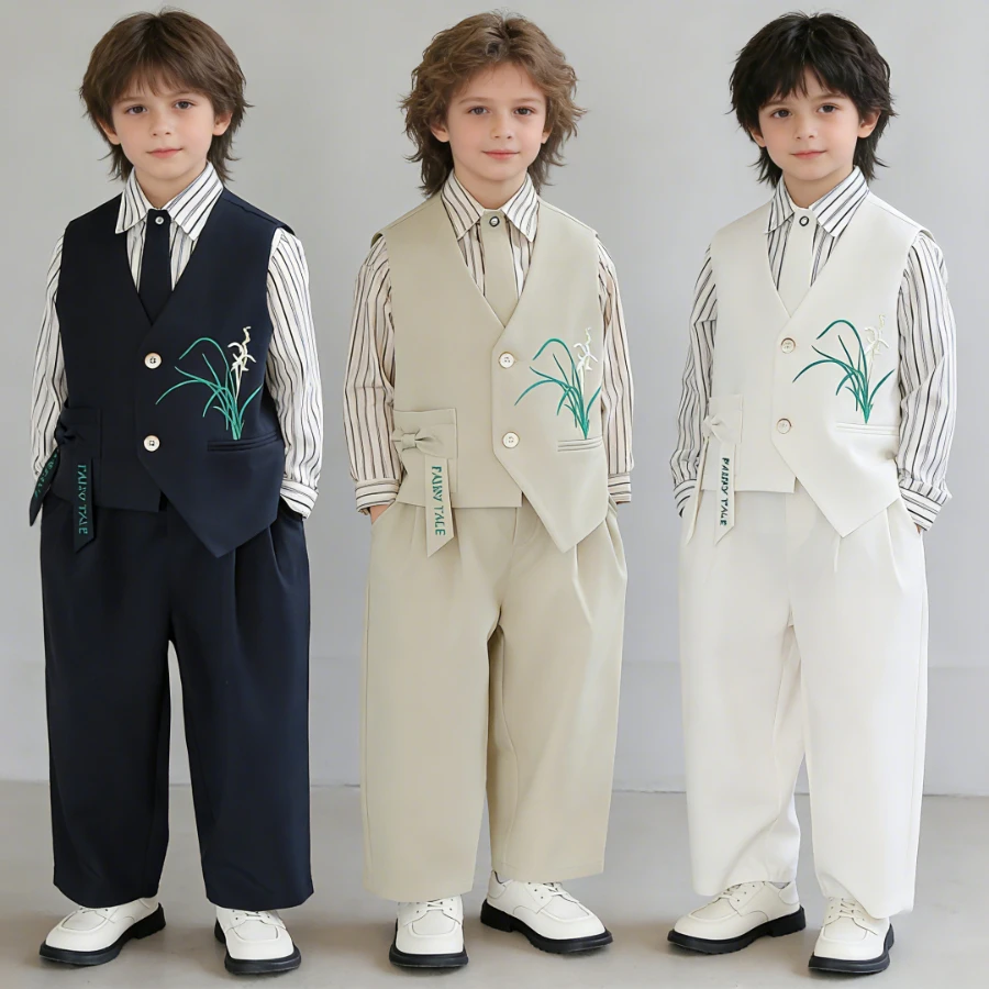 

Kids Boys Chinese Style Formal Suit Set Orchid Embroidered Vest Striped Shirt Pants Gentleman Outfit for Wedding Birthday Party