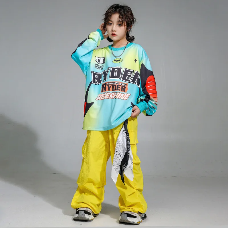 

Детская одежда в стиле хип-хоп Kpop, синий свитшот с принтом, желтые повседневные плиссированные брюки-карго для девочек и мальчиков, одежда для джазовых танцев, костюмная одежда