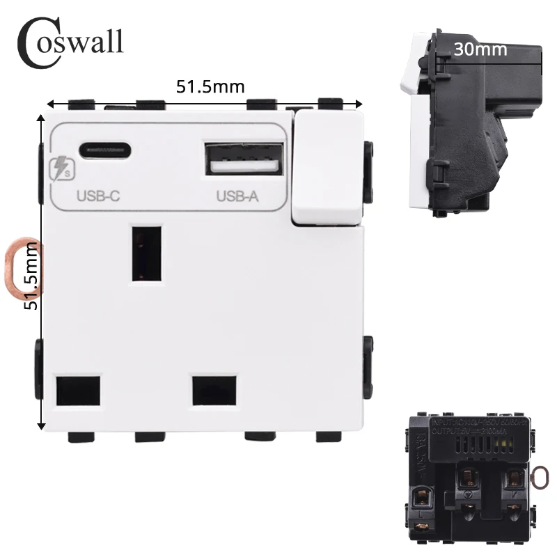 Universal / UK Socket Module With PD 18W Type-C & QC 3.0 Type-A Dual USB Fast Charger For COSWALL C1/E20/L1/X2 Series Wall Frame