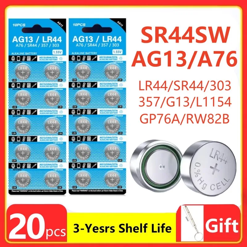 Bateria Alcalina Button Cell Coin, Baterias Pack, Brinquedos, Sem Mercúrio, AG13, LR44, A76, 1.5V, SR44SW, Pila, 357, 303, 20Pcs