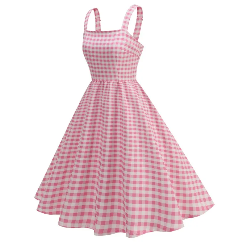 Pink plaid age reducing suspender long dress with sexy strapless plaid long skirt