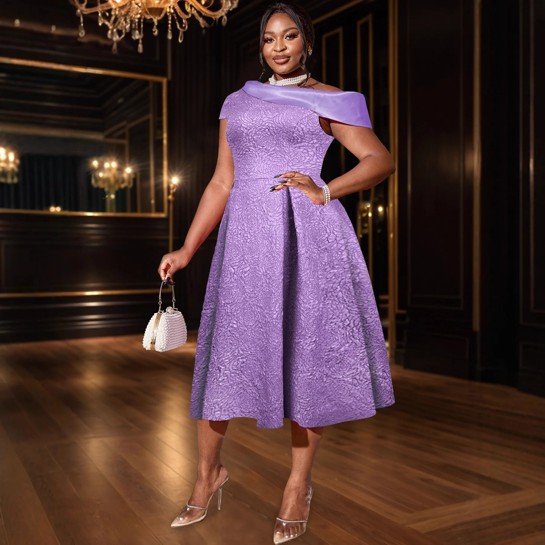 African Dresses for Women Jacquard A Line Slant Collar Party Event Wedding Guest Birthday Occasion Female Gowns Lovely Prom