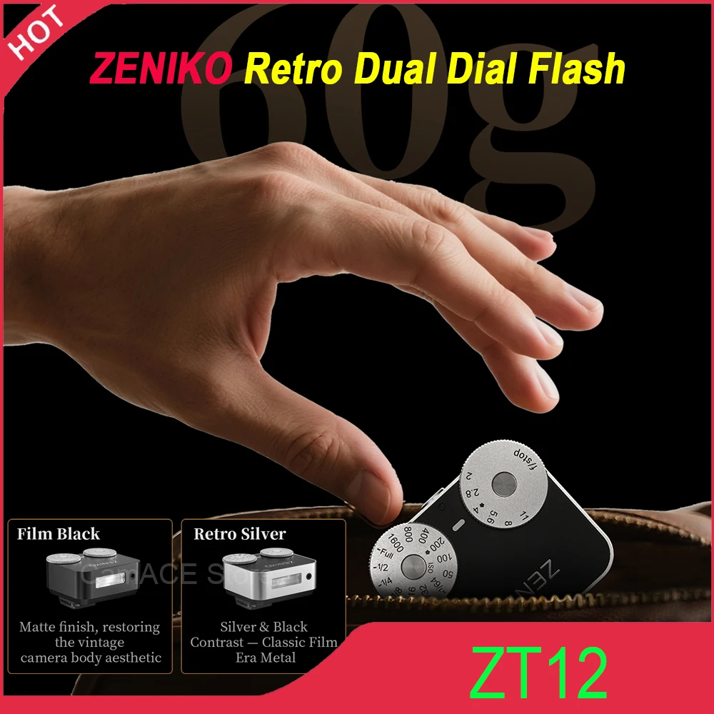 ZENIKO ZT12 Camera Flash TTL Auto Metering Retro Dual Dial Hot Shoe Speedlite for Fujifilm XT5 Sony A7M4 Nikon Canon R6