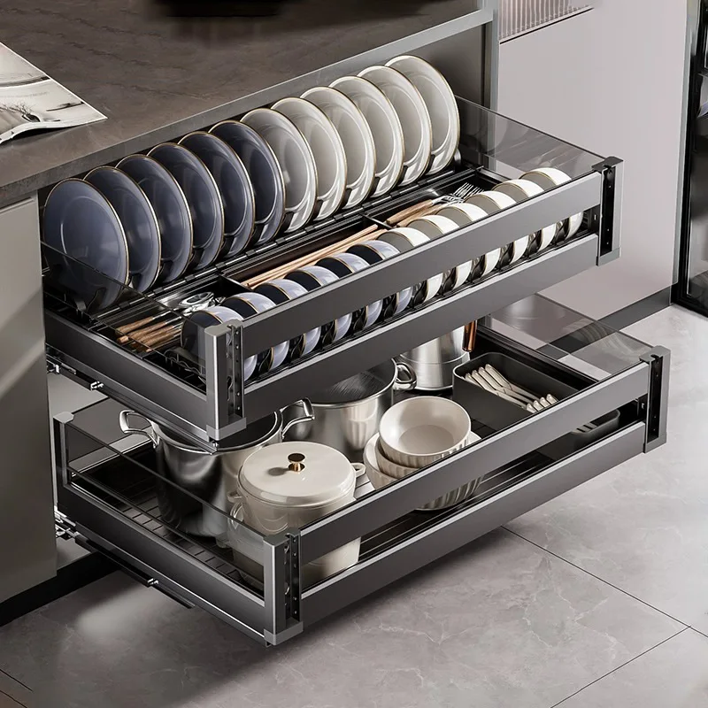 Kitchen Cabinet Basket Drawer Type Three-Layer Aluminum Alloy Drawing Dish Basket Plate Rack Dish Damping Dish
