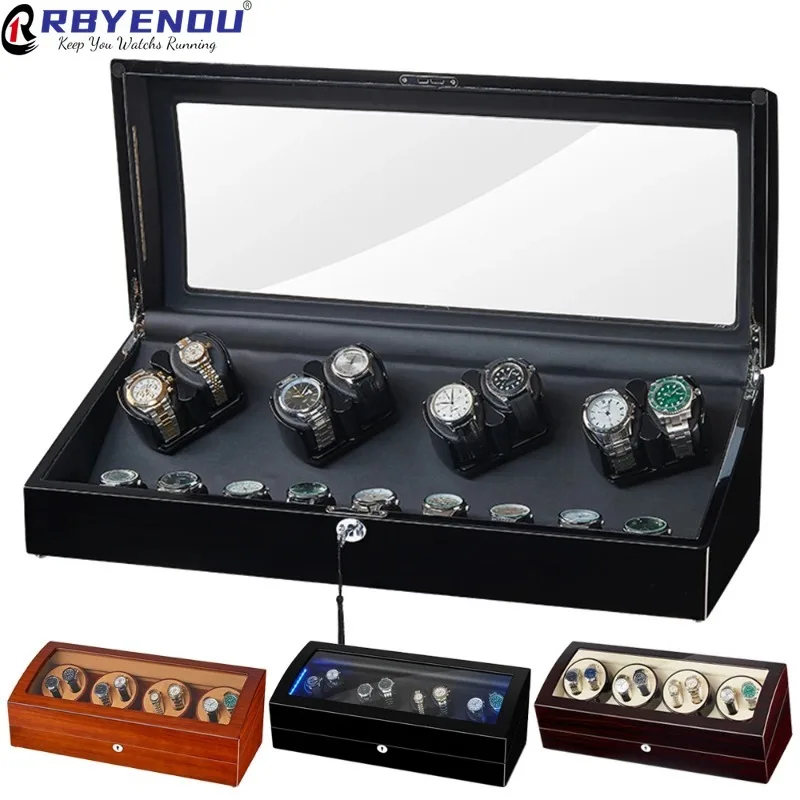 8+9 Automatic Watch Winder Box Wood Watch Winding Storage Watches Collection Display Case Motor LED Light Customizable Logo Box