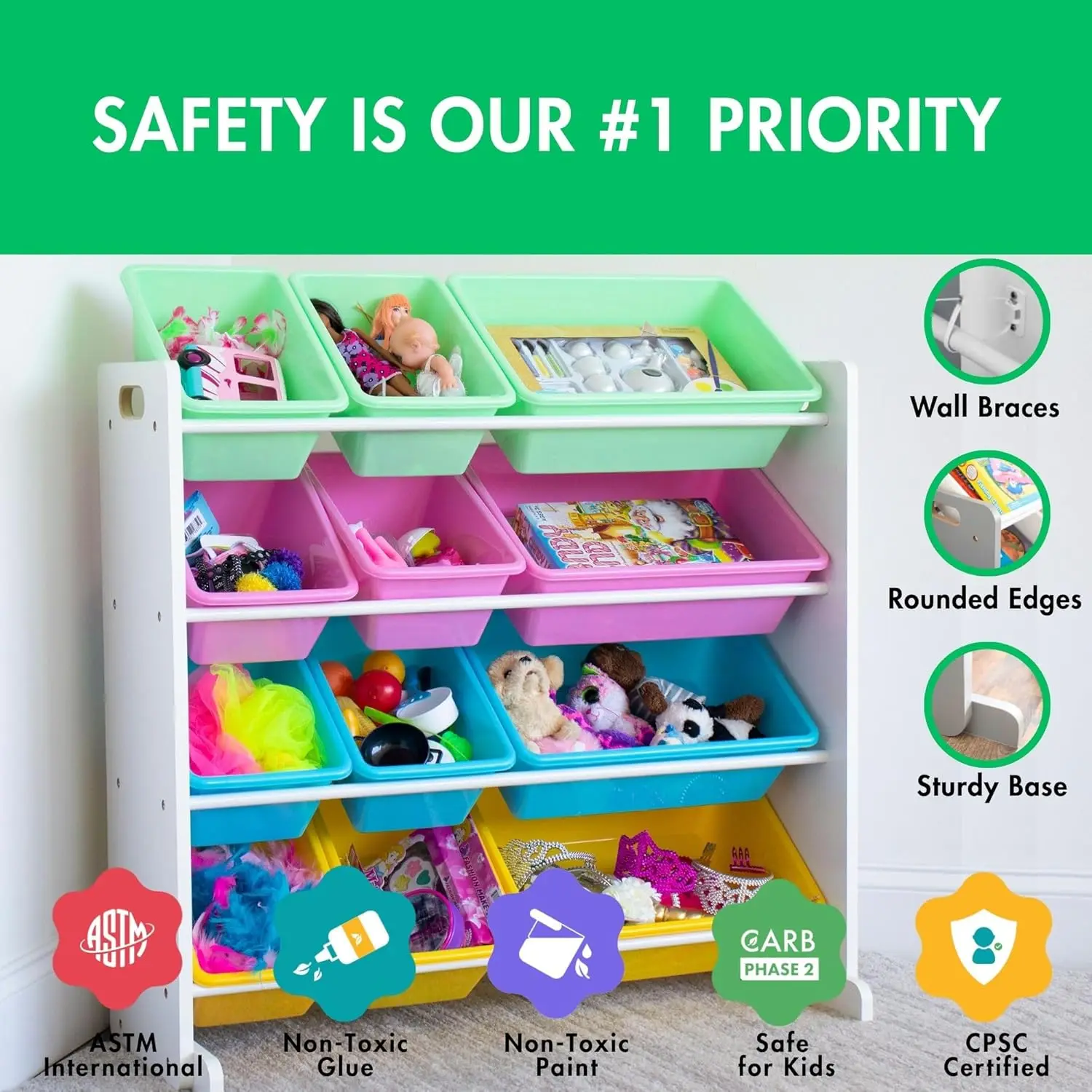 Kids Toy Storage Organizer with 12 Bins, White Pastel Color for Easy Cleanup and Child Development