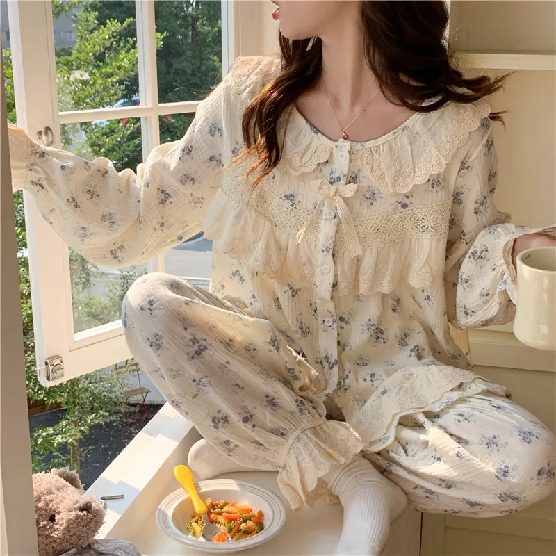 Korean Pajama For Women Loose Sweet Lace Princess Style Soft Cotton Pajamas Skin-friendly Casual Homewear 2 Pieces Set D710