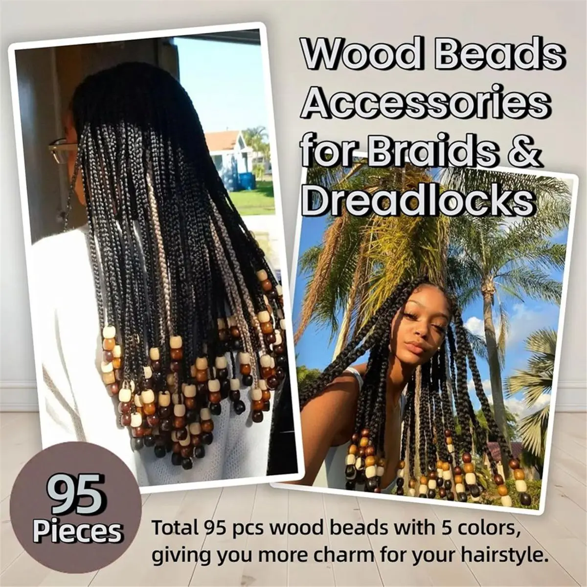 Light Weight 95 Pcs Wood Hair Bead for Braids & Dreadlocks, 12X11mm Natural Wooden Beads Hair Accessories for Braiding & DIY Cra