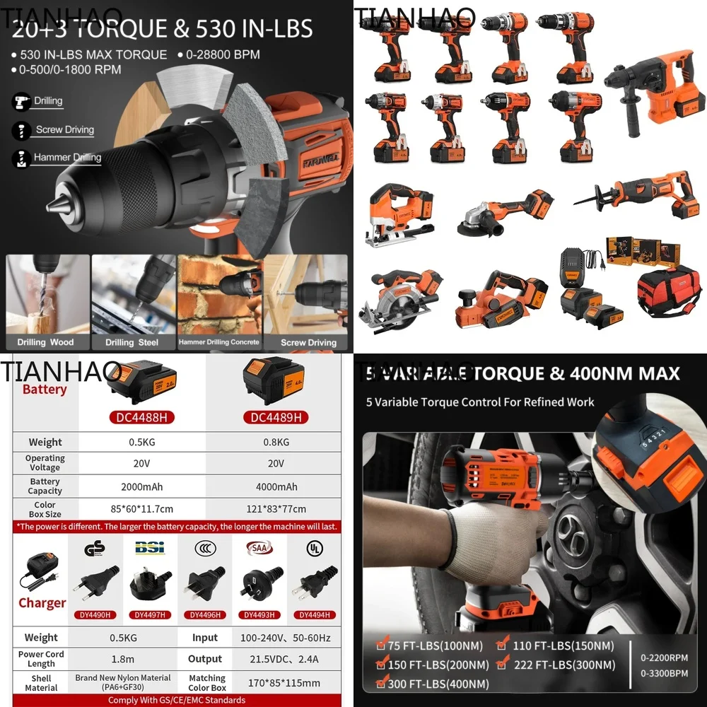KAFUWELL PA4500 72H 20V Cordless Impact Hammer Drill Power Tool Combo Kit