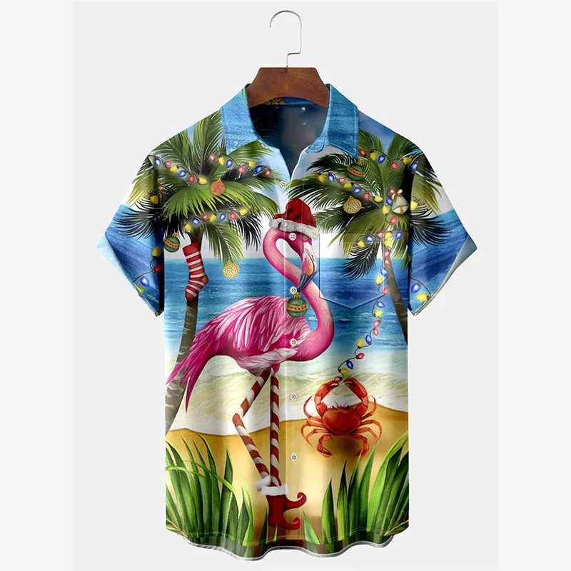 

Summer Beach Funny Santa Claus Street Shirts For Men Merry Christmas Short Sleeve Hawaiian Shirt Flamingo Pattern Fashion Shirt