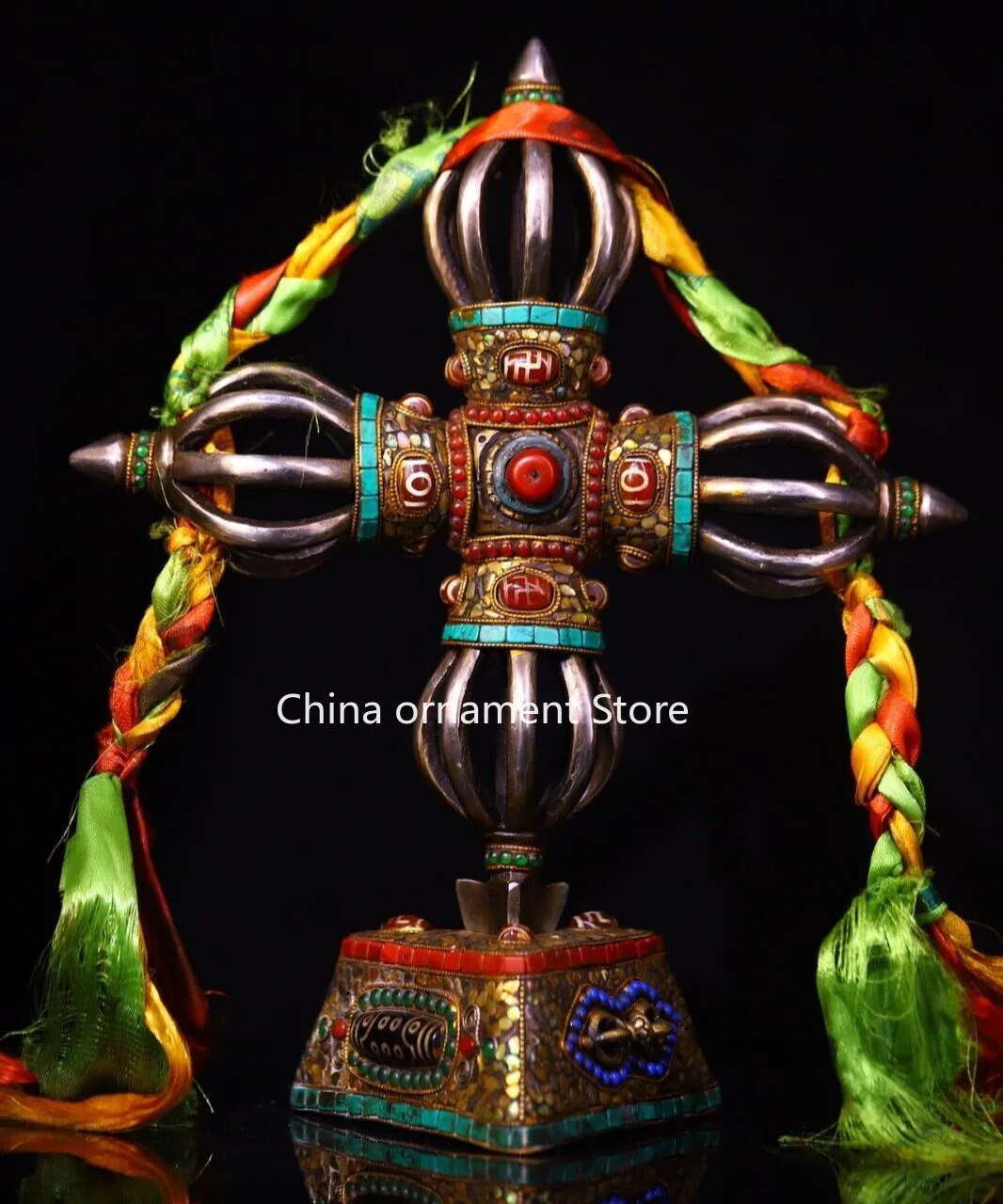 Old Tibet Iron Gilt Skull Head  Trident Exorcism Holder Faqi Statue TQA