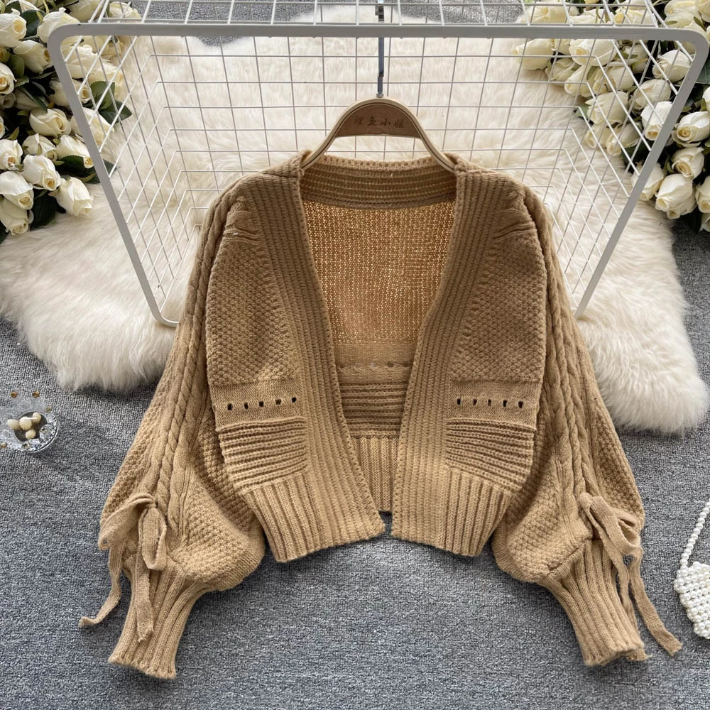 

Women's Knitted Cardigan Casual Fashion Lace Up Lantern Sleeve Sweater Coat 2022 Spring Autumn All-Match Crop Top