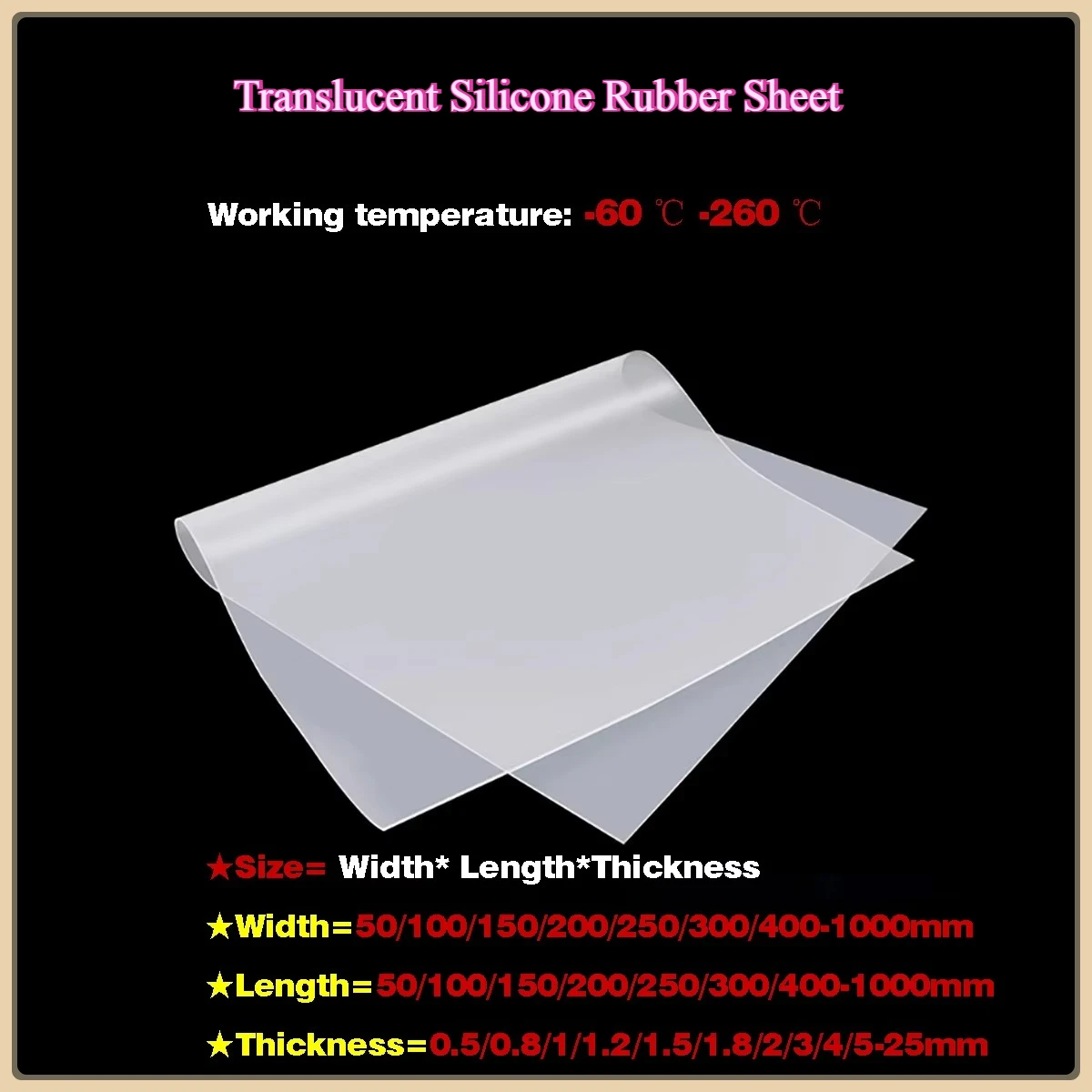 

Thickness=0.5-25mmTranslucent Silicone Rubber Sheet High Temp Resistance Food Grade Silica Gel Plate 50x50 100x100 -1000x1000mm