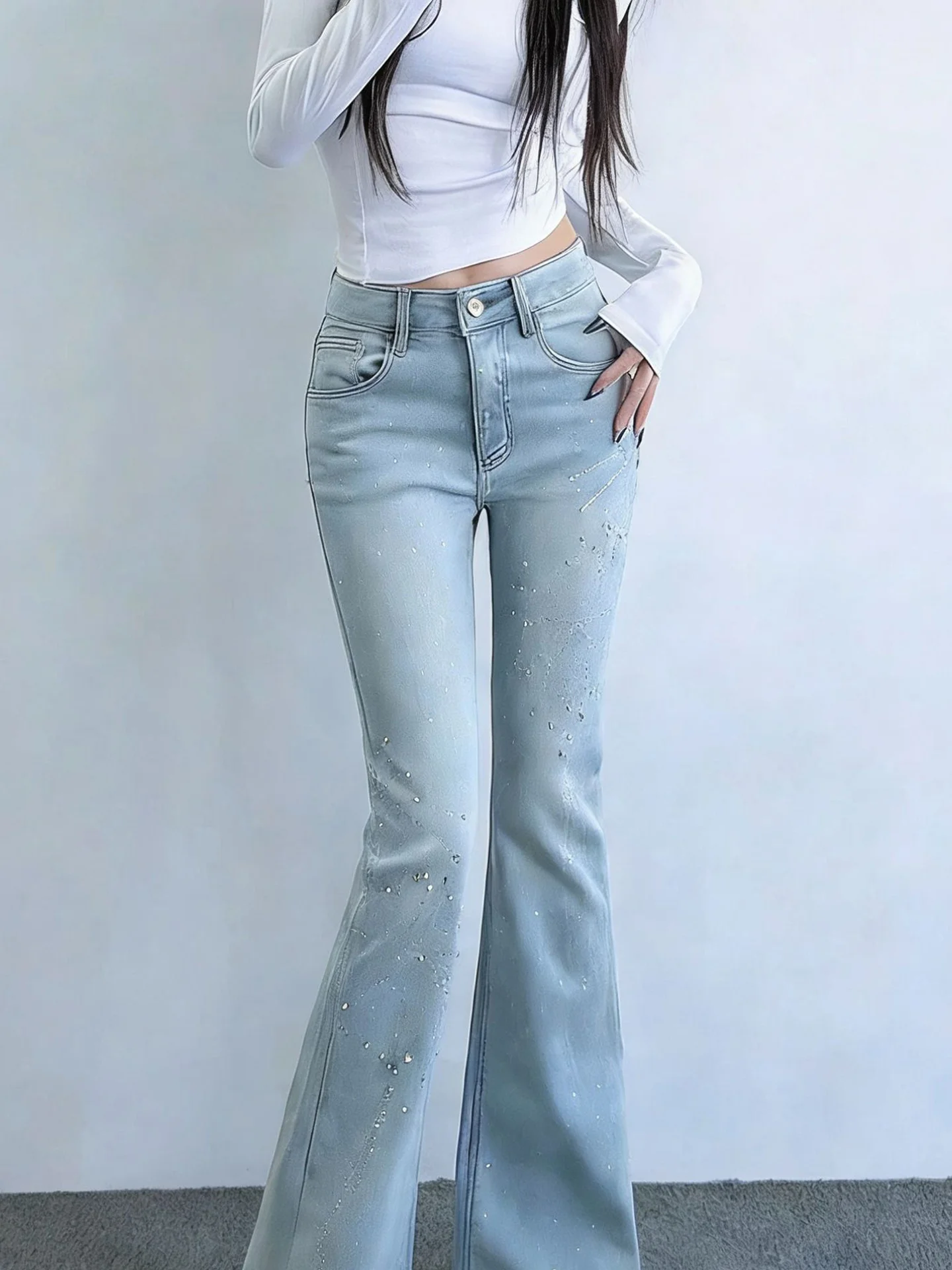 Retro High Waist Bell Bottom Denim Jeans Women's Fashion Sparkle Rhinestone Slimming Long Pants American Style Summer Pure Color