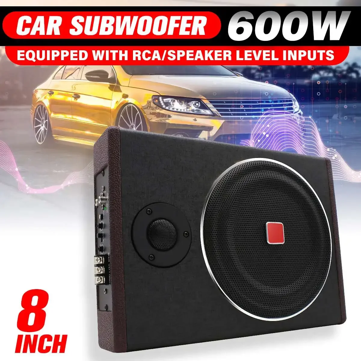 8 Inch 600W Car Subwoofer Speaker Active Under Seat Slim Sub Woofer AMP Super Bass Stereo Speaker Amplifier Audio processor