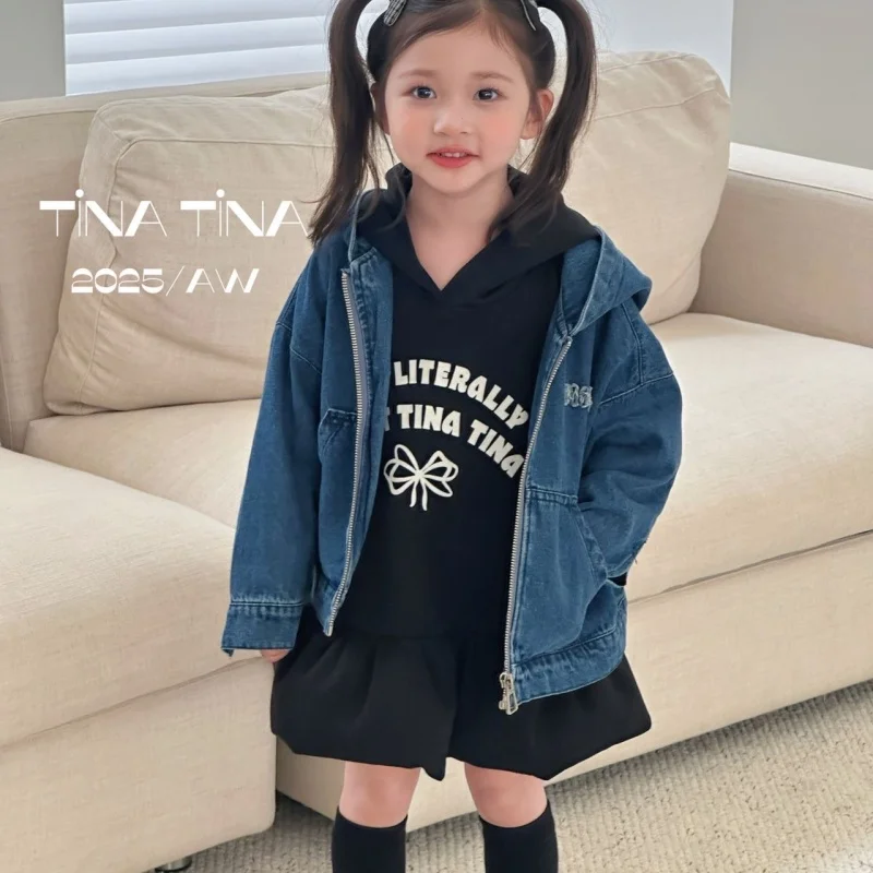 

SeasonSea джинсовая куртка для девочек с капюшоном, весенне-осеннее детское джинсовое пальто, повседневная верхняя одежда на молнии, модная одежда для малышей, 2025 г.